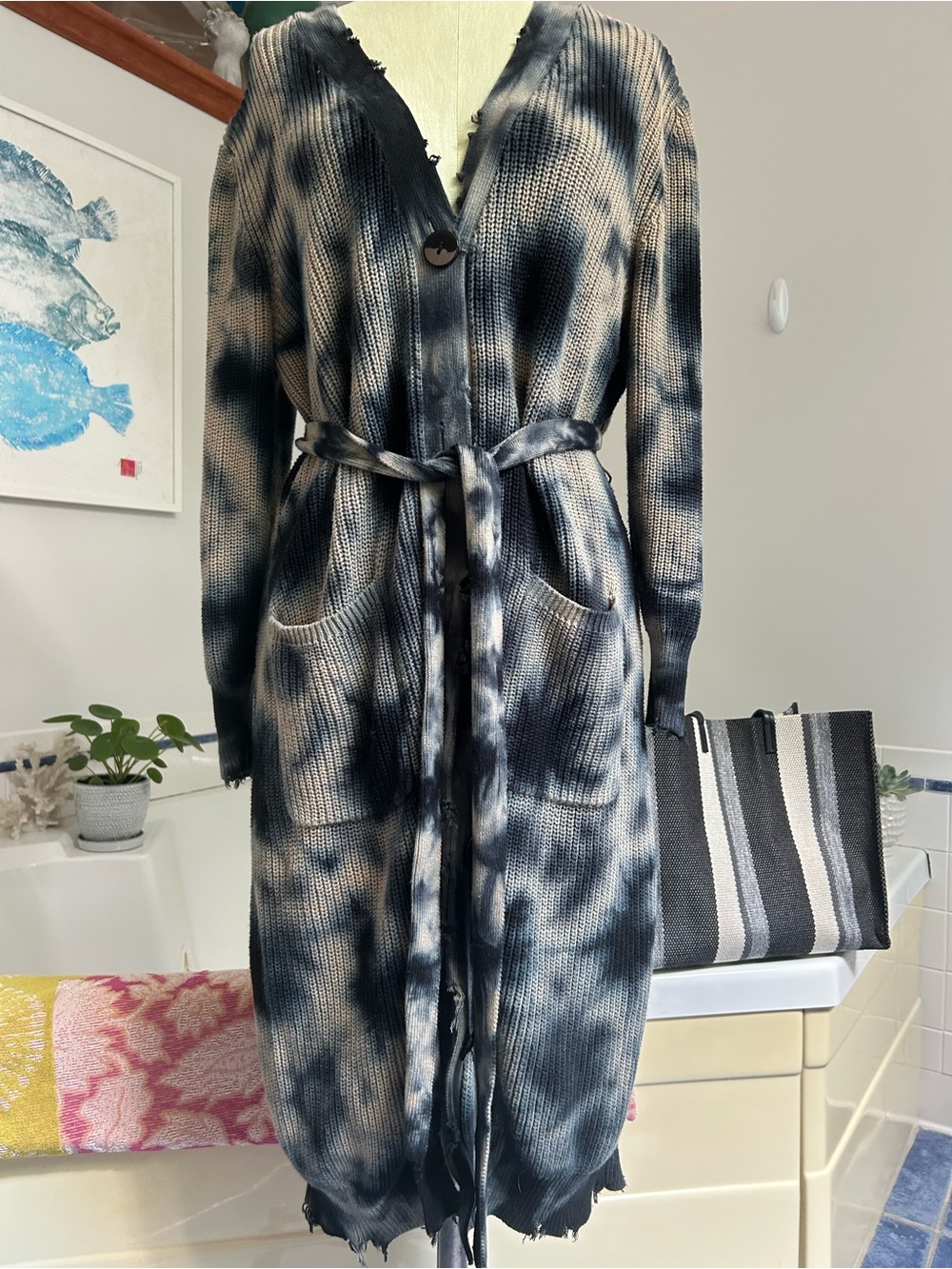 SER.O.YA Burnout Raw Sweater Dress Size Small Ink Blue and Taupe